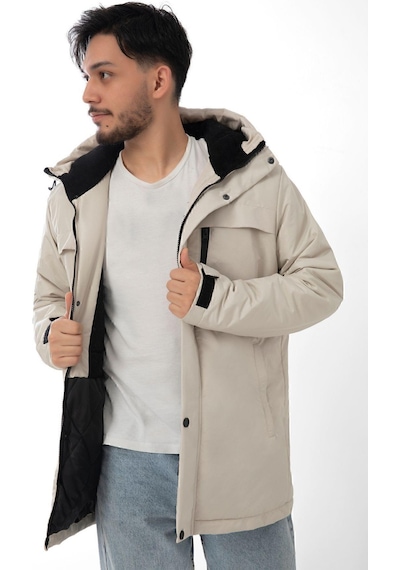 Spor Erkek Polarlı Kürklü Su Ve Rüzgar Geçirmez Kapüşonlu Kışlık Mont & Kaban & Parka-211 Taş