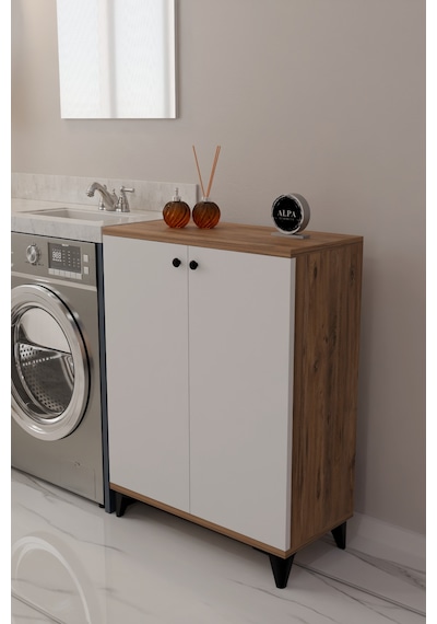 Çok Amaçlı Banyo & Çamaşır Odası Dolabı, Ayarlanabilir Raflı, Kapaklı Modern Banyo Dolabı Atlantik Çam - Beyaz