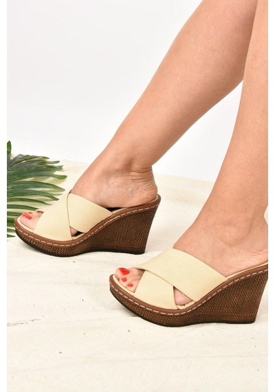 Fox Shoes Bej Çapraz Bantlı Keten Kadın Terlik K674041005