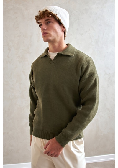 Erkek Polo Yaka Örme Oversize Kazak Yeşil