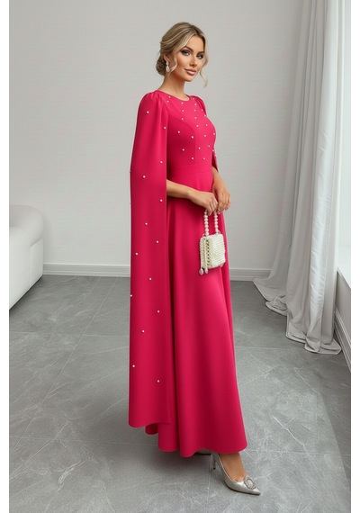 Defymoda Kadın İnci İşlemeli Şık Gece Davet Elbise Pembe