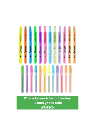 12 Renk Basmalı Fosforlu Kalem 12 Adet Yedek Refill Writech Çok Renkli