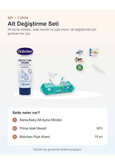 Alt Değiştirme Seti 3 Parça: Sema Baby Alt Açma Minderi + Prima Islak Mendil + Bübchen Pişik Kremi