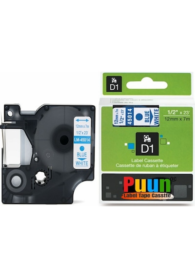 Puun Dymo D1 45014 12mmX7m Beyaz üzeri Mavi 720540 Uyumlu şerit