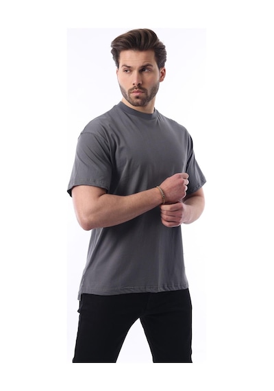 Madmext Füme Bisiklet Yaka Pamuklu Arma Deyatlı Overfit Tişört 7019 Füme