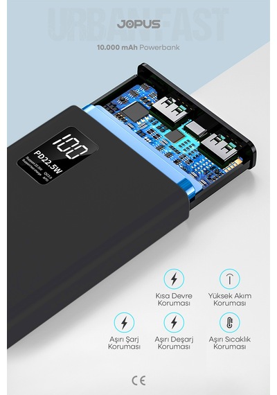 Jopus 10000mah Powerbank Pd 22.5w Hızlı Şarj - Dijital Ekranlı - Taşınabilir Şarj Cihazı Siyah