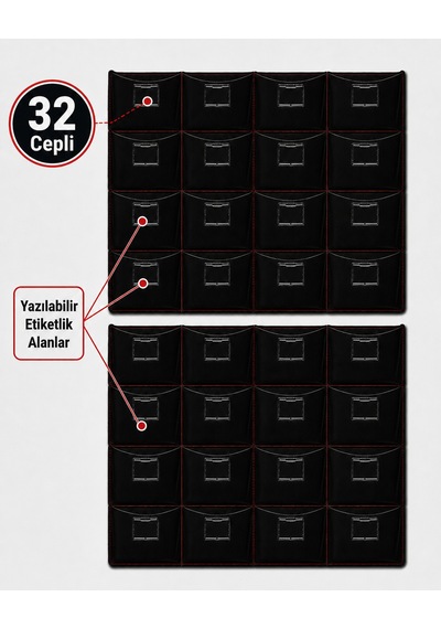 2 Li Araç Bagaj Organizeri 32 Cepli Siyah Deri Kırmızı Dikişli Suv Uyumlu Bagaj Düzenleyici