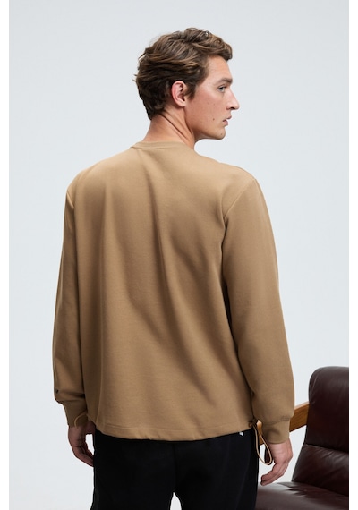 Grimelange EDMUND Erkek Kolu Baskılı Eteği Lastik ve Stoperli Bisiklet Yaka Vizon Sweatshirt