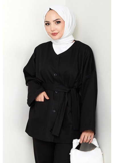 Bestenur Kemerli Ceket Pantolon Gabardin Takım 1557 - Siyah Siyah