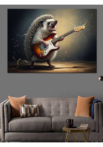 Ahşap Tablo Gitar Çalan Küçük Kirpi Karakteri Yiyecek Ve İçecek Tabloları