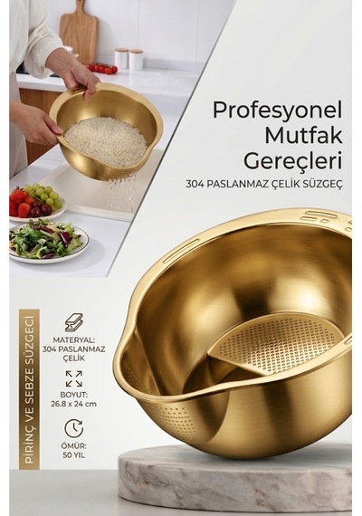 Gold 304 Paslanmaz Çelik Pirinç Ve Sebze Yıkama Süzgeci 26,8 X 24 Cm Diğer