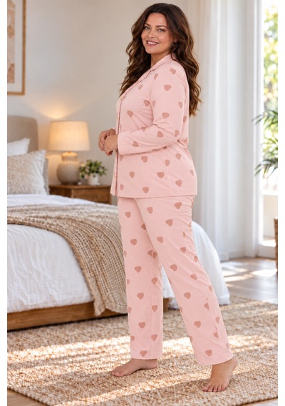 Seboteks Milan Kumaş Önden Düğmeli Uzun Kollu Büyük Beden Kadın Pijama Takımı 3497 Somon Seboteks Milan Kumaş Önden Düğmeli Uzun Kollu Büyük Beden Kadın Pijama Takımı 3497 Somon