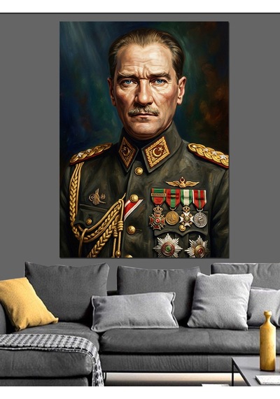 Madalyalı Ve Üniformalı Atatürk Portresi Dekoratif Kanvas - Mdf Ahşap Tablo