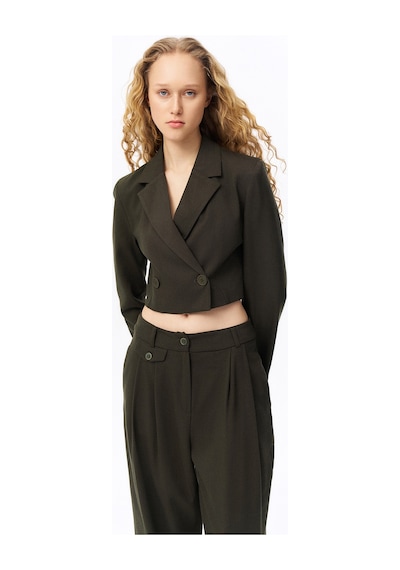 Quzu Vatka Detaylı Crop Blazer Ceket Haki