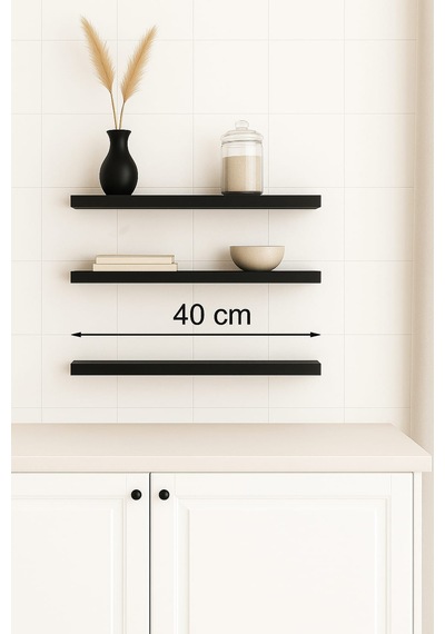 40 Cm 3lü Mat Siyah Mdf Uçan Duvar Rafı Gizli Bağlantı Kitaplık