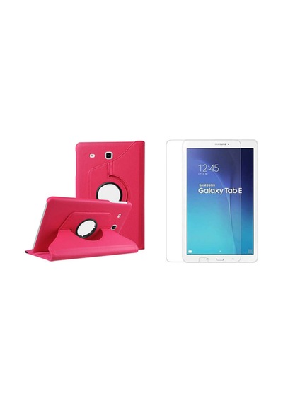 Galaxy Tab E T560 Uyumlu Dönerli Siyah 9.6" Tablet Kılıfı + Ekran Koruyucu Kapaklı Kılıf