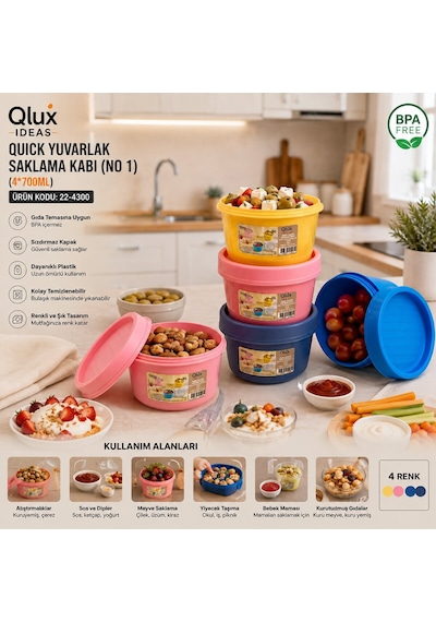 Qlux L-00991 No-1 Quick Yuvarlak Saklama Kabı Ve Kase - Kapaklı Renkli 300 Ml- 24'li Paket Diğer