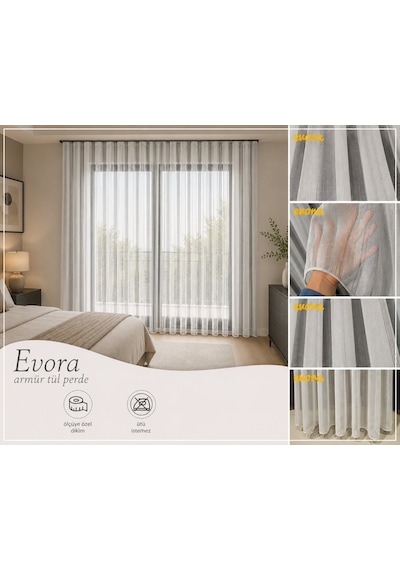 Evora Düz Lüx Tül Perde / Ölçünüze Özel Dikim Kırık Beyaz