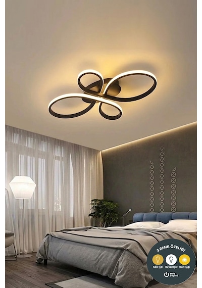 Liya Tasarım Siyah Led Plafonyer Avize - 3 Renk Işıklı Ayarlanabilir Modern Aydınlatma