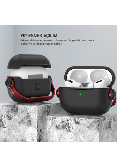 Airpods 4 Uyumlu Djpods Sert Malzemeli Dayanıklı Koruyucu Kilitli Kapak Askı Aparatlı Kılıf Siyah - Kırmızı