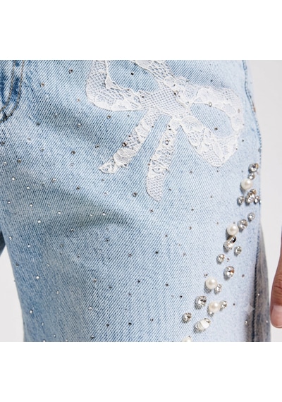 Meryu Ticaret Jeans Pantolon Straight Fit Taş İnci Dantel Detaylı Özel Tasarım Denim Buz Mavi