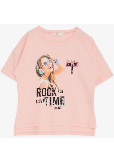 Breeze Kız Çocuk Tişört Havalı Rockçı Kız Baskılı 9-16 Yaş, Somon-Somon