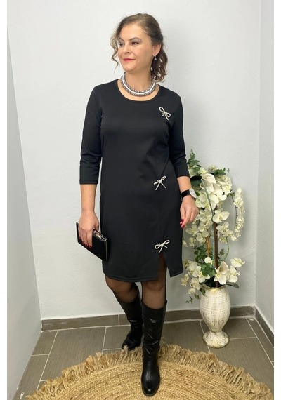 Mia Butik Kadın Siyah Broş Hediyeli Star Elbise Siyah