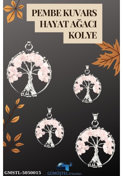 Sertifikalı Doğal Taş Pembe Kuvars Hayat Ağacı Tasarım Kolye Sürpriz Hediyeli 5x5 Cm Çok REnkli