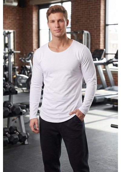 Rizzup Erkek Beyaz %95 Pamuk Slim Fit Kesik Açık Yaka Likralı Penye Sweatshirt Oval Kesim 2602299