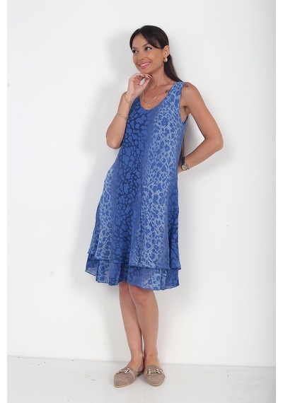 By Saygı Kadın İtalyan Cotton Leopar Desenli Astarlı Sıfır Kol Midi Elbise Saks