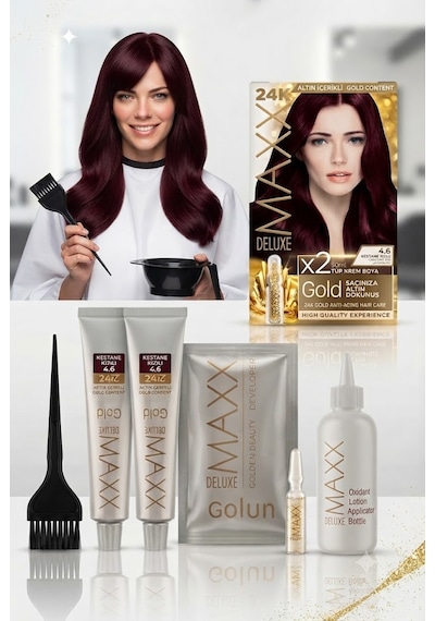 Maxx Deluxe Golden Beauty Set Saç Boyası 4.6 Kestane Kızılı 2 Li + Fırça+pratik Boyama Kabı