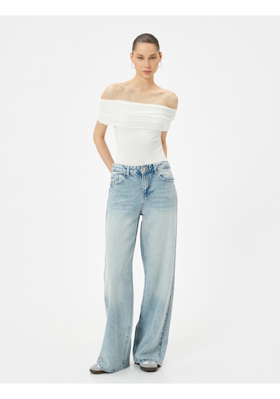 Koton Omzu Açık Tişört Drape Detaylı Slim Fit Viskoz Kumaş Ekru 4sal11042ık Ekru