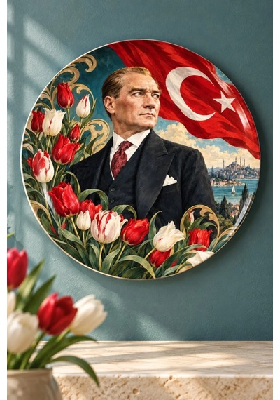 Dekoratif Duvar Tabağı Atatürk, Bayrak Ve Çiçekler Dekorlu Seramik Tabak Kırmızı