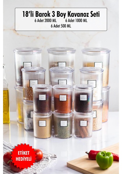 18'li Barok Yuvarlak 3 Boy Kavanoz Seti & Saklama Kabı & Erzak Kabı 6 2000 Ml, 6 1000 Ml,6 500 Ml Sarı