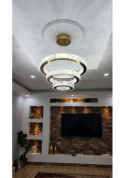 Ala Lighting Plaket Kristal Taş Işlemeli 201 Gold Paslanmaz Ledli Avize Altın - Gold