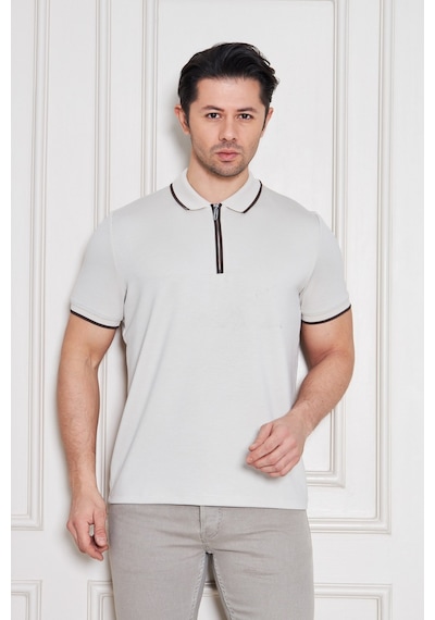 Erkek Jeuss Oysho Kumaş Fermuarlı Yakalı Bej Tshirt