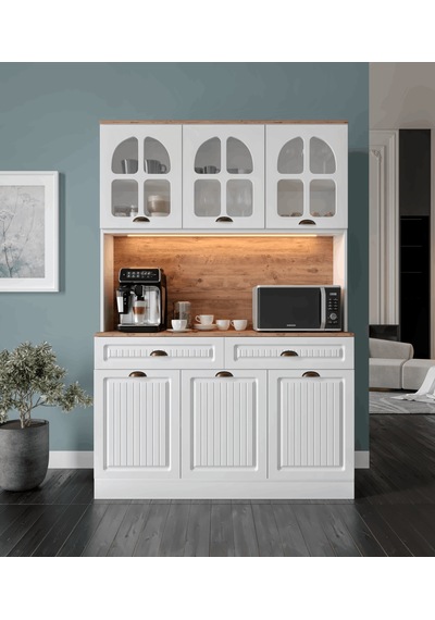 Efes Kahve Köşesi - 140 Cm Mdf Mutfak Dolabı - Led Aydınlatmalı - Atlantik Çam - Beyaz