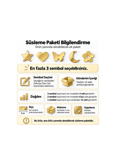 12 Li Gold / Gümüş Pleksi Süsleme Paketi 2 Cm Yapışkanlı Dekoratif Semboller Altın