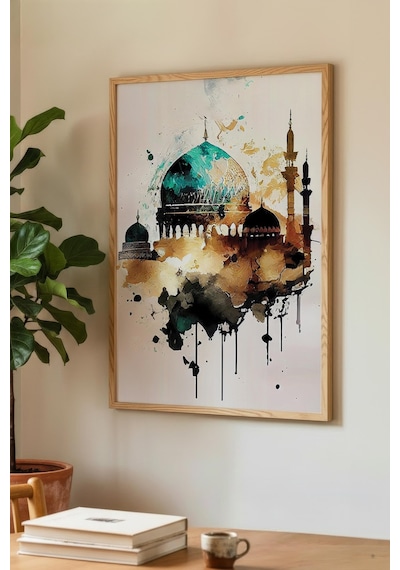 Zümrüt Yeşili Zeminli Altın Desenli Cami Tekli Ahşap Tablo - Siyah Ahşap Çerçeveli Ev Ve İş Tablosu