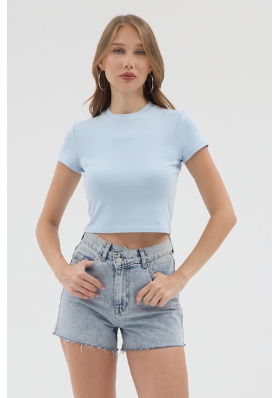 Urbantrendstore Kadın Bisiklet Yaka Likralı Kısa Kol Body Crop Bluz Günlük Şık Sade Yazlık Casual Crop Kadın Crop Mavi