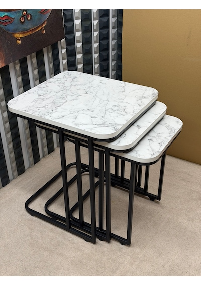 3 Lü Zigon Sehpa Seti Metal Ayaklı Ahşap Desen Tabla Modern Tasarım Beyaz Mermer