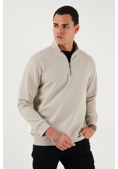 Buratti Pamuklu Regular Fit Yarım Fermuarlı Dik Yaka Erkek Sweat 5905470 Taş
