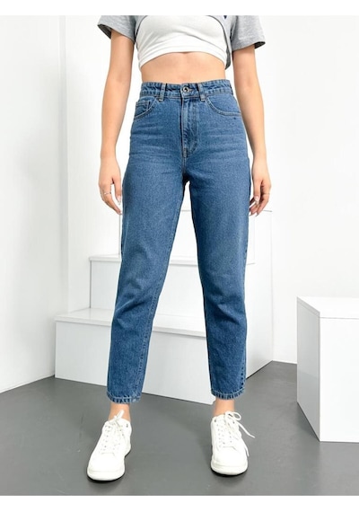 Açık Mavi Kadın Mom Jean Yüksek Bel Kot Pantolon Anna Model 001