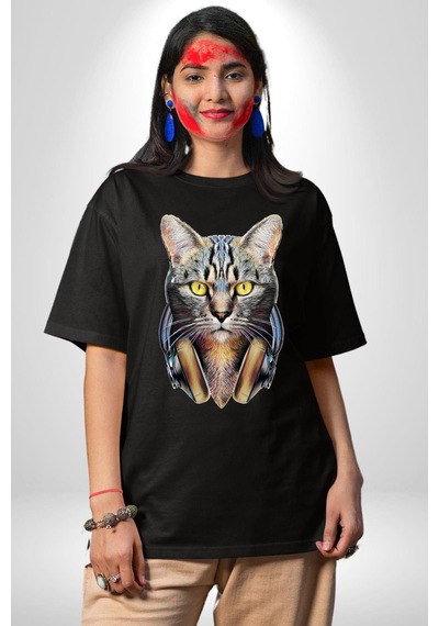 Kulaklık Kedi Pamuklu Bisiklet Yaka Unisex Oversize Boyfriend Dijital Baskılı Siyah T-shirt Siyah