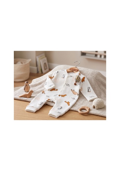 Deniva Kids Erkek Bebek Kaşkorse Fitilli Kutup Hayvanları Baskılı Çıtçıtlı Pamuklu Tulum - Beyaz 3-6 Ay