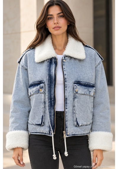 Polo State Kadın Peluş Detaylı Cepli Yıkamalı Jean Ceket mavi