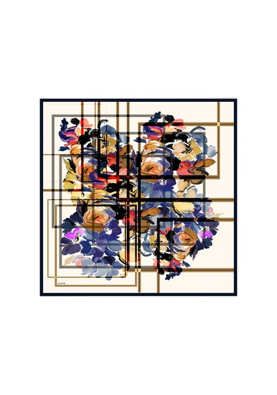 Aker Bej Çiçek Desenli İpek Twill Eşarp Lacivert Çiçek Desenli Lacivert Çiçek Desenli