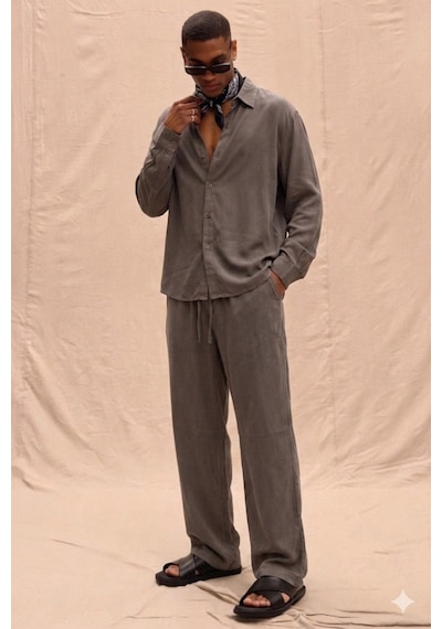 Tarz Cool Erkek Haki Tencel Kumaş Oversize Gömlek Pantolon Takım Rahat Kesim Yazlık Kombin