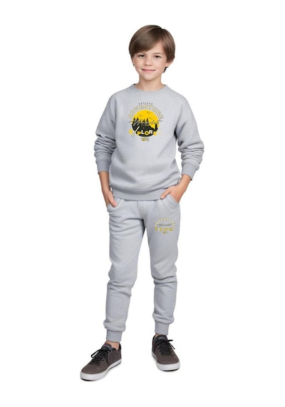Fyk Kids 2'li Erkek Çocuk Yuvarlak Yaka Baskı Detaylı Eşofman Takımı Gri - Füme