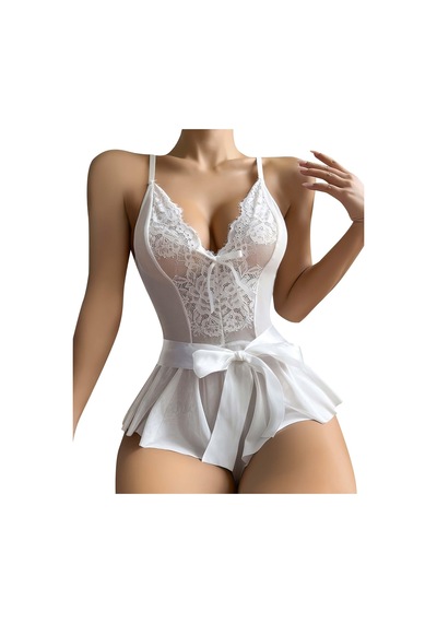 Avastyle Herşeytrend Beyaz Dantel İşlemeli Kurdelalı Fantezi Tül Babydoll Beyaz